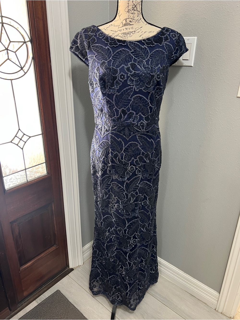 Navy Blue Sparkle Floral Embroidered Evening Dress Mother of the Bride